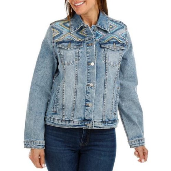 Driftwood Embroidered Denim Jean Jacket Light Wash Aztec Design 🆕NWT - Picture 1 of 14
